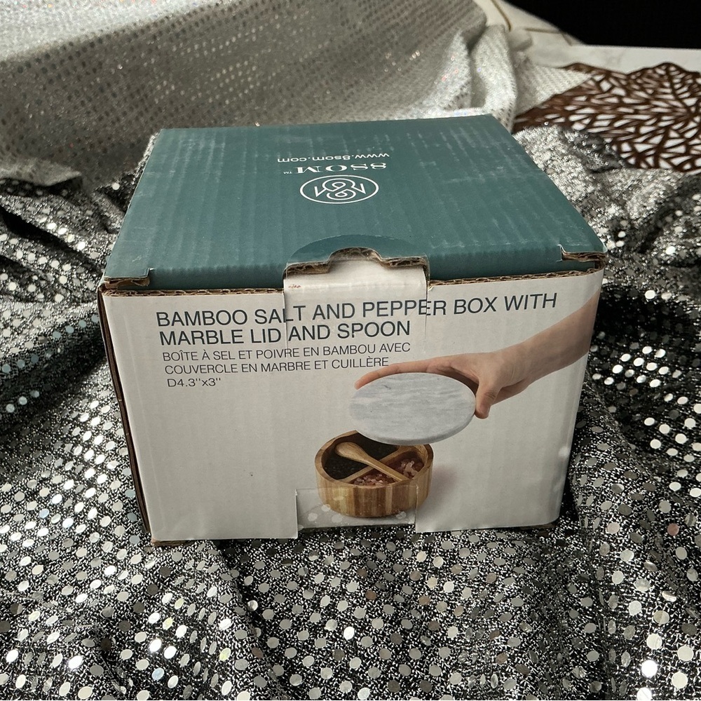 NWT Bamboo Salt & Pepper Round Box with Marble Lid and Embedded Spoon